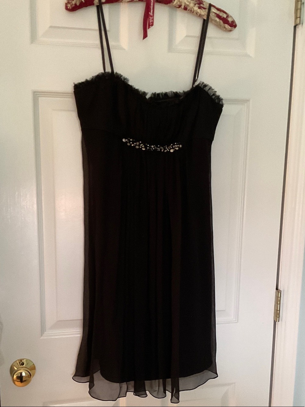 BCBGMaxAzria Black Strapless Chiffon Cocktail Dress with Beaded Accent
